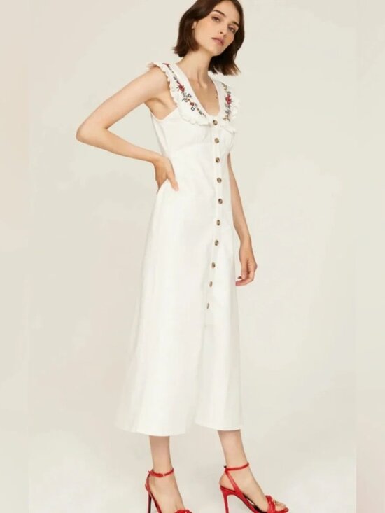 RIXO Dresses & Skirts - RIXO Nova Dress Midi Floral Embroidered Spread Collar Ecru Button front M